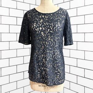 LOFT Short-Sleeve Navy Blue Lace Cutout Blouse Women's Size Medium